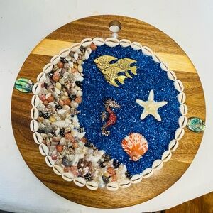 Ocean-Themed Wall Art with Seashells Sea Animal and Blue Crushed Glass